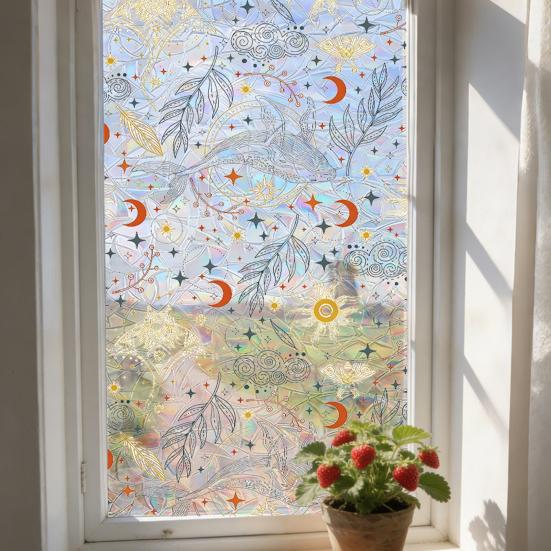Window Privacy Film, Stained Glass Pattern Decorative Window Sticker, Rainbow Static Cling, Sun Blocking Reusable Decals for Glass Doors, Bedroom