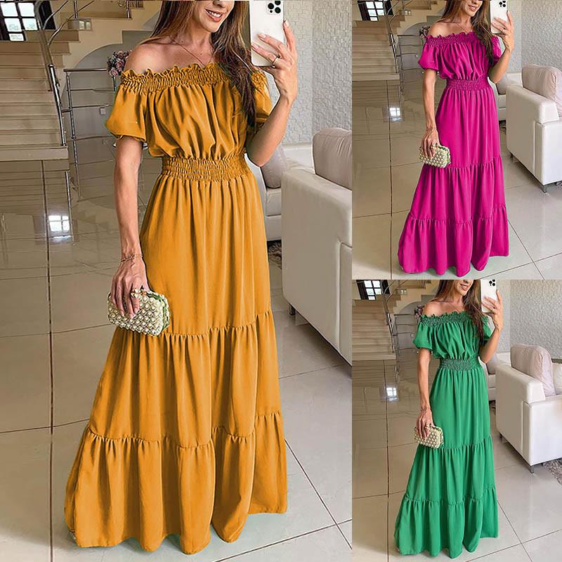 

Женское однотонное платье длиной до щиколотки с короткими рукавами и открытыми плечами, длинное платье