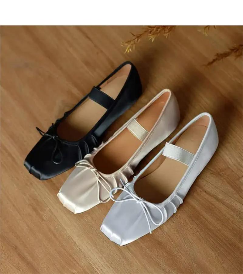 French Silk Ballet Flats Women's Elastic Mary Janes Comfortable Flat Head Square Low Cut Grandma Shoes High Heel Single Shoes