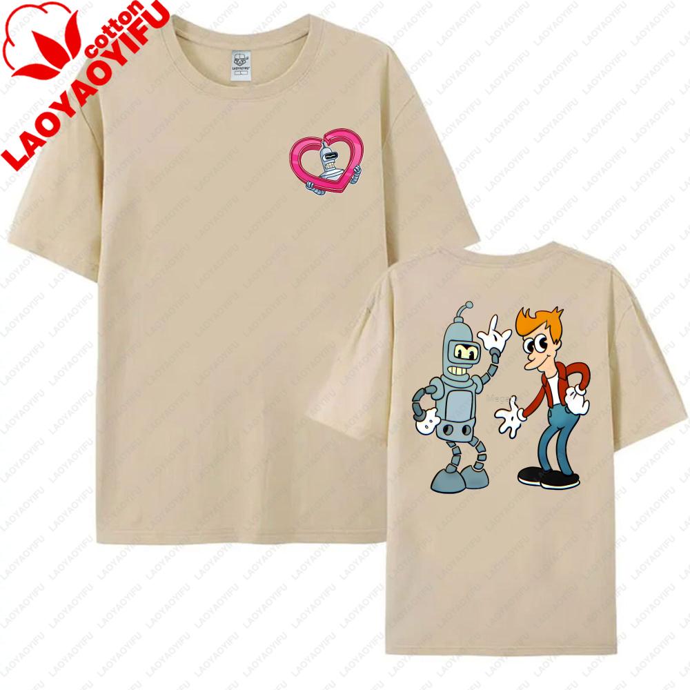 Funny Futurama Tees Robot and Boy Cartoon Design Unisex Cotton TShirt Casual Summer Wear Trendy Graphic Tee for Unisex Women