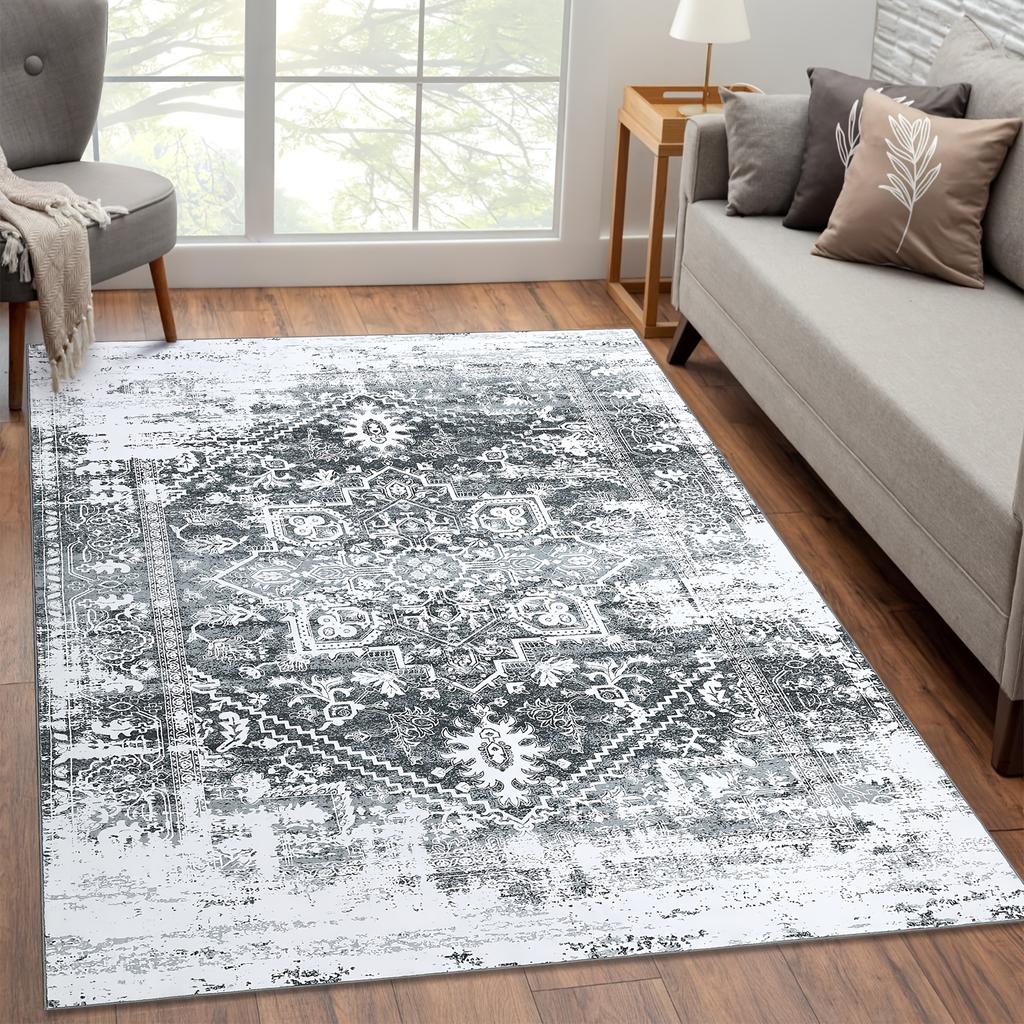 Vintage Blue White Distressed Floral Mat Non-Slip Rubber Backing, for Living Room, Bedroom, Kitchen, Entryway, Bedroom Decorat