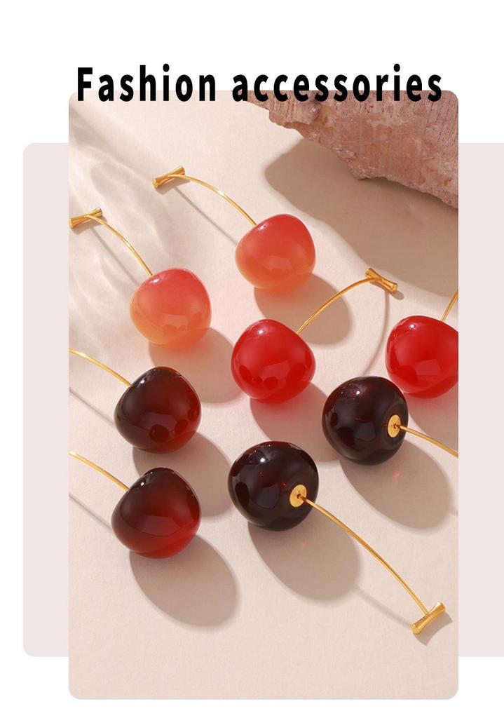 European & American Cherry Resin Stainless Steel Earrings for Women - Trendy & Creative Design