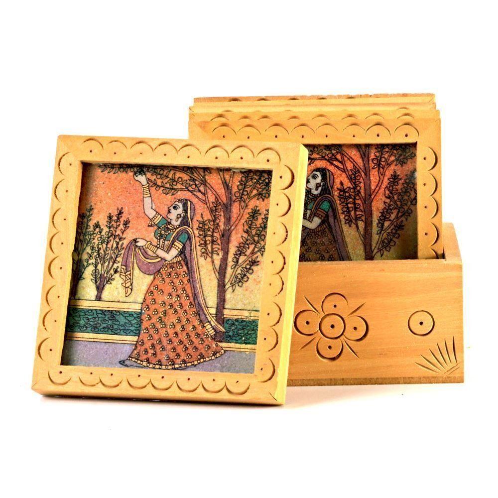 Traditional Meera Gemstone Painting Tea Coffee Coaster Set - Home Decor Handicrafts