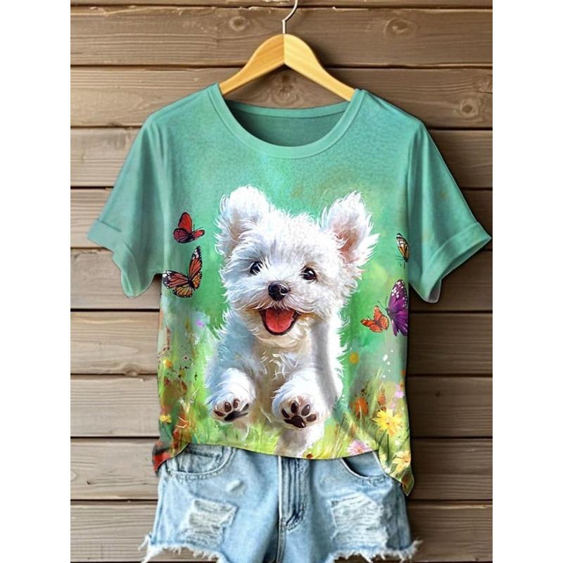 3D Printed Cute Puppy Oil Painting T-shirt Women's Fun Pattern T-shirt Summer Casual Round Neck Top Short Sleeve Loose T-shirt