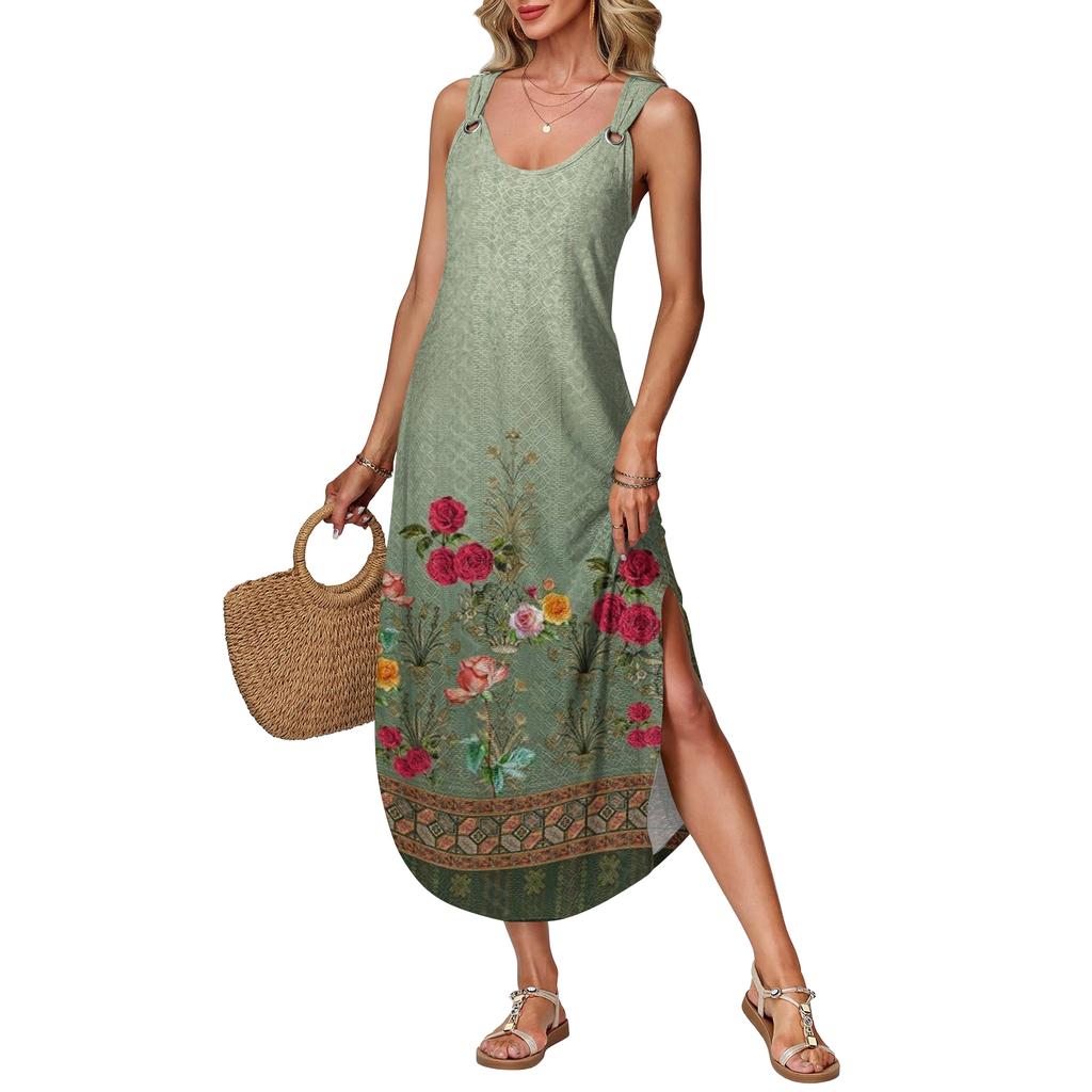 Women's summer long dress, sleeveless with side slits, long retro printed camisole dress