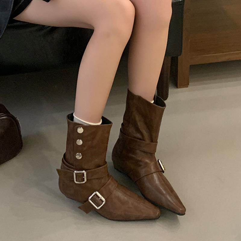 Kurze Stiefel für Damen, Damenstiefel der Saison, spitze Stiefel, kurze Stiefel mit flacher Sohle, schmale Stiefel, Martin-Stiefel