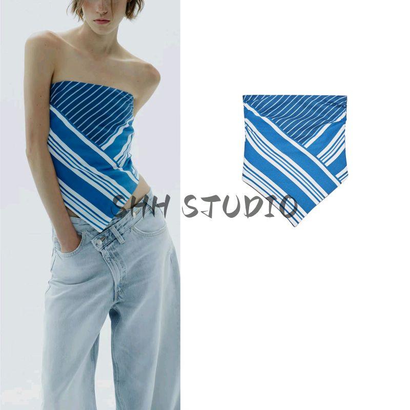 Summer New Product Women's Clothes Straight-leg Neckline off-the-Shoulder Design Linen Blend Stripes Tube Top Tops 4772110