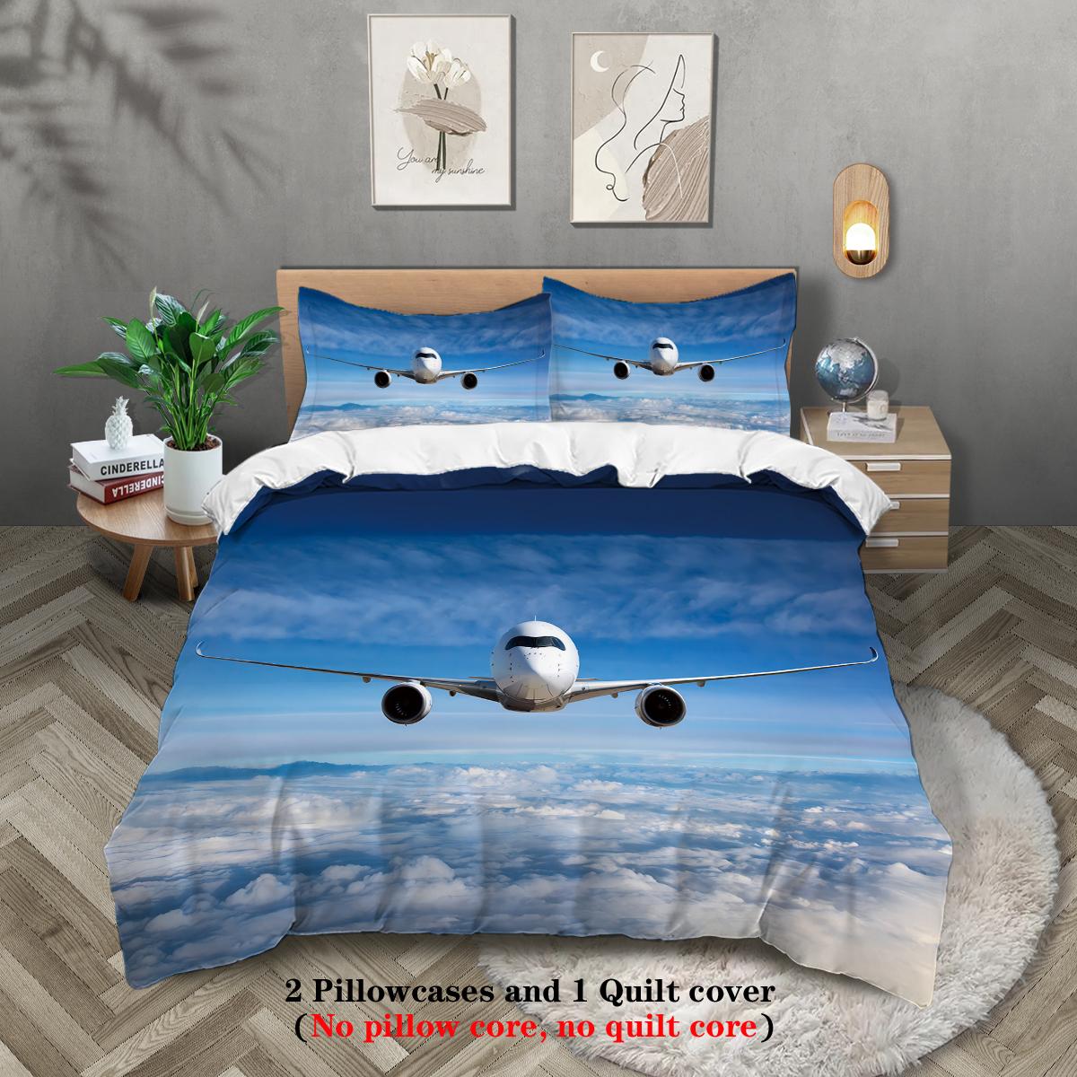 

3-piece down duvet cover with blue sky airplane pattern print (1 duvet cover+2 pillowcases, no core) Comfortable bedding set 135x200cm-EU-Single