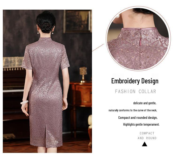 Elegantes hellviolettes Qipao: Hochwertiges Festkleid für die Brautmutter bei Sommerhochzeiten und Banketten