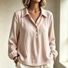Women's Casual Long Sleeve Buttoned V-Neck Loose Fit Pullover Top for Daily Wear