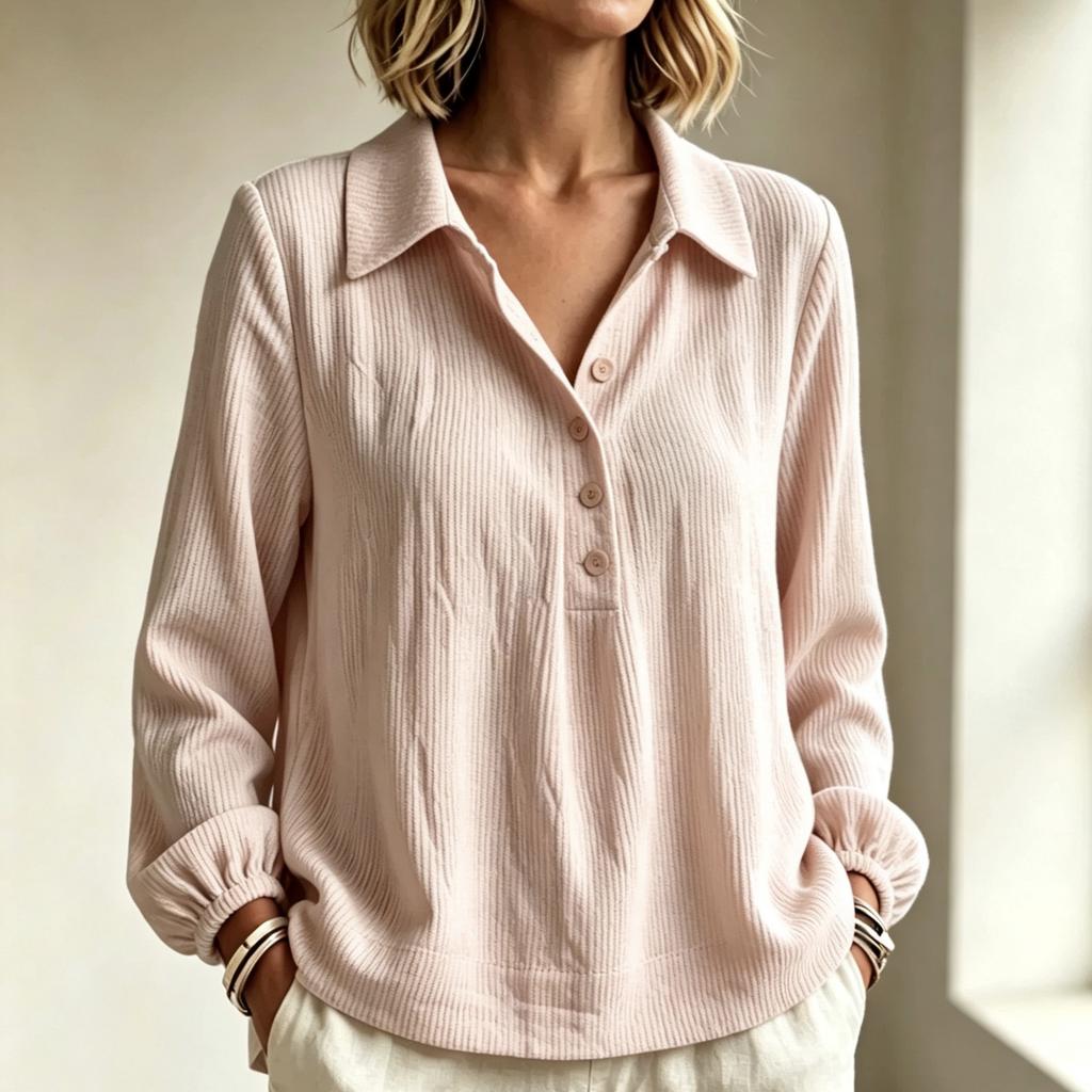 Women's Casual Long Sleeve Buttoned V-Neck Loose Fit Pullover Top for Daily Wear