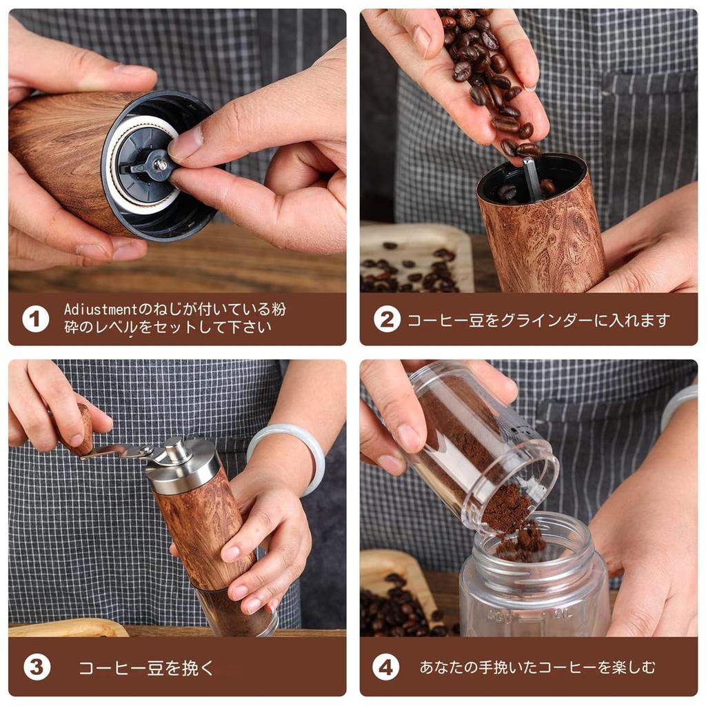 Manual Coffee Grinder with Ceramic Burrs, 304 Stainless Steel, Wooden Handle, 5-Level Adjustment, and Extension Crank for Home, Office, and Travel