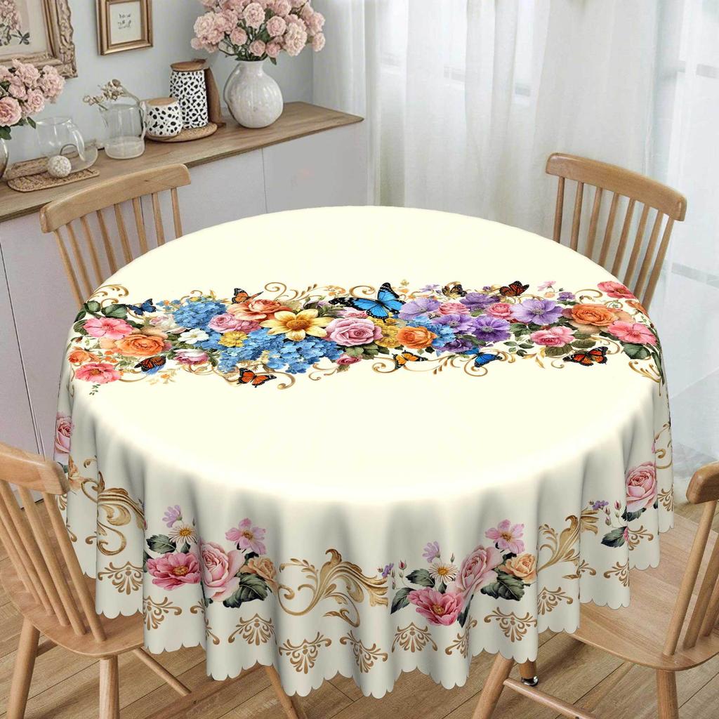 Polyester Waterproof Leave-In Rectangular Tablecloth, Flower Butterfly Printed European Table Cloth, Household Hotel Round Tablecloth