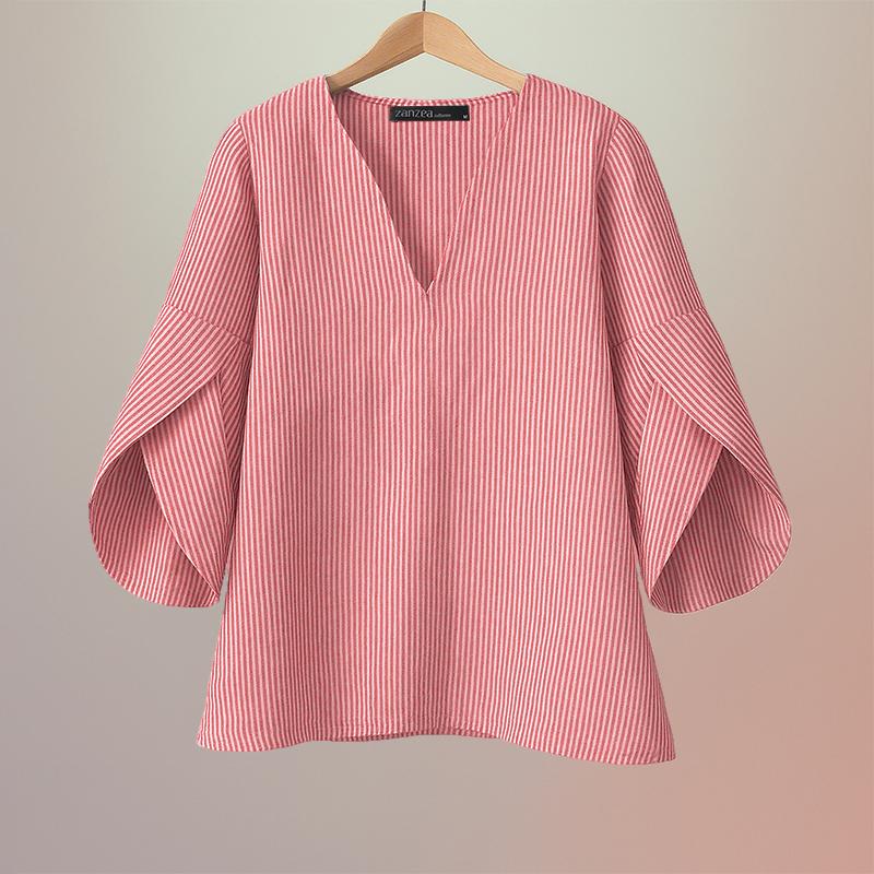 ZANZEA Women Casual V-Neck 3/4 Sleeve Loose Stripe Blouse