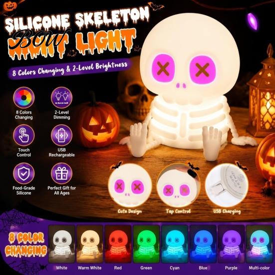 Kids Night Light Halloween Skeleton Light, Silicone Touch LED Bedside Lamp for Kids, 8 Color RGB Dimmable Warm Desk Decor Bedroom