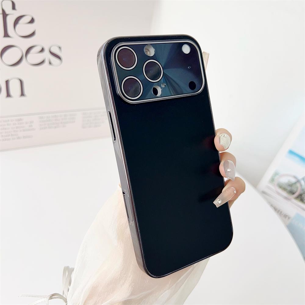 Glass Large Window Lens Protect Case For iPhone 17 16 15 14 13 12 Pro Max Plus Solid Color Shockproof Phone Cover Coque