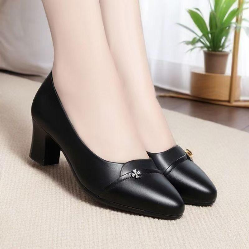 Women's Leather Pointed-Toe Pumps Comfortable Chunky Heel Dress Shoes with Rhinestone Detail