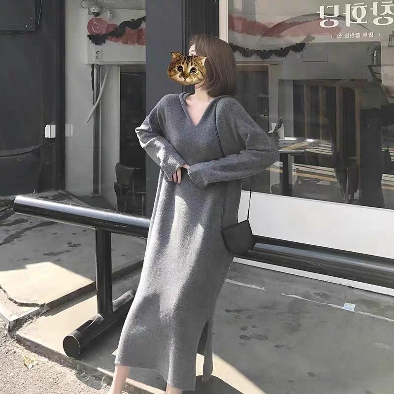 Hooded knitted dress women's autumn and winter inner wear loose lazy style temperament medium and long knee sweater backing skirt
