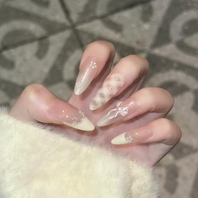 Temperatur Maniküre Tragen Nagel Handgemacht Süße Nude Farbe Französische Schleife Falscher Nagel Patch