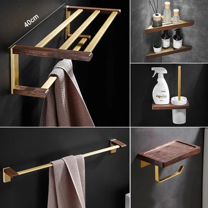 Golden Bathroom Shelves Bathroom Wood Towel Rack Wall Mounted Storage Towel Bar Pole Slippers Rack Tripod Toilet Paper Shelf