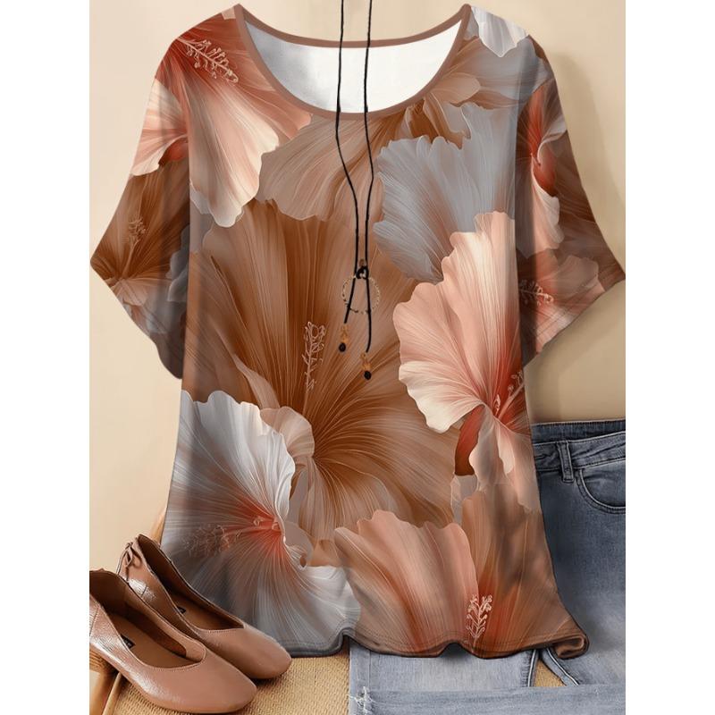 

Warm Hibiscus Floral Print Short Sleeve Loose Oversized Crew Neck T-Shirt S