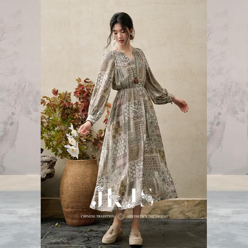 

JK&JS Painted Spring Mountain New Chinese Style Rayon Linen Long Sleeve V-Neck Maxi Dress XL