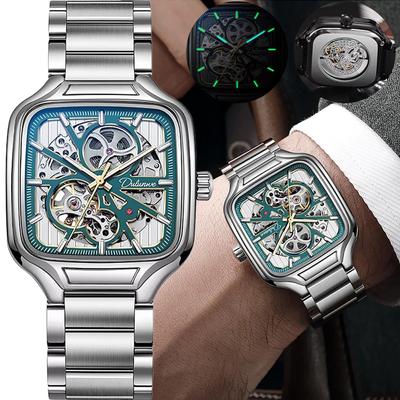 Trend Silber Uhren Quadratisches Zifferblatt Edelstahl Luxus Skelett Mechanikuhr Wasserdicht Herren Geschenke Reloj Automático