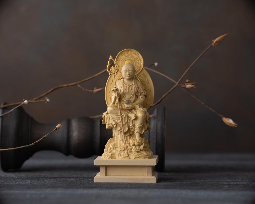 Kleine Buddha Jizo Bodhisattva Statue 11cm Buddha Holzornament Jizo Bodhisattva Halb sitzend (Holz Buchsbaum, Goldstaub-Finish) - Statue, Figur,
