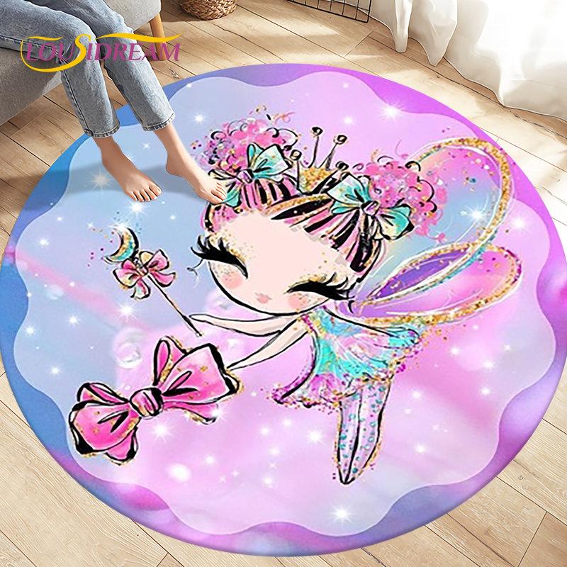 Cute Ballet Girl Ballerina Cartoon Round Area Rug,Carpet for Living Room Bedroom Sofa Playroom Decor,kid Play Non-slip Floor Mat