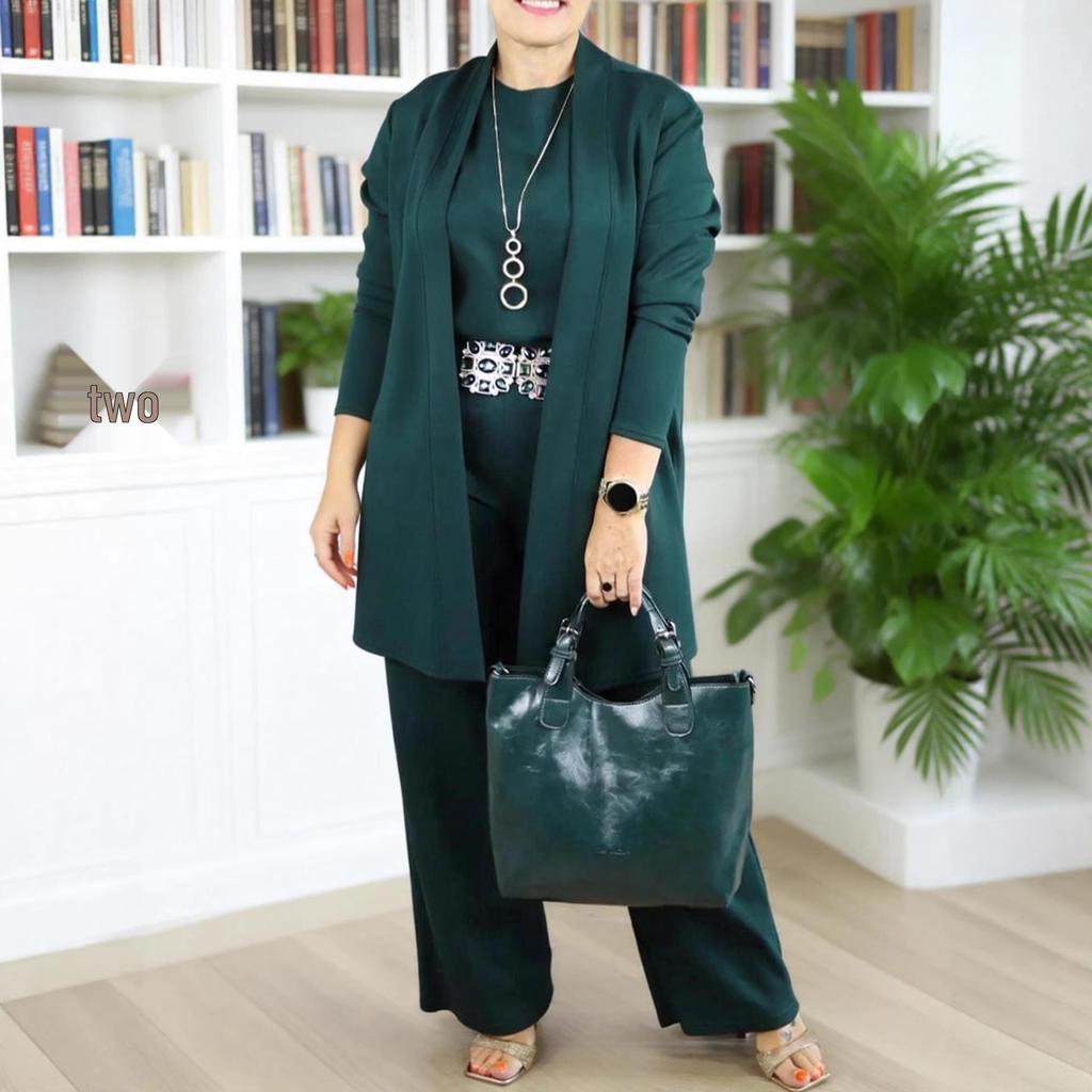 2025 European & American Fashion Women's Three-piece Set: Round Neck Tee, Short Sleeve, Long Pants, Mid-length Jacket