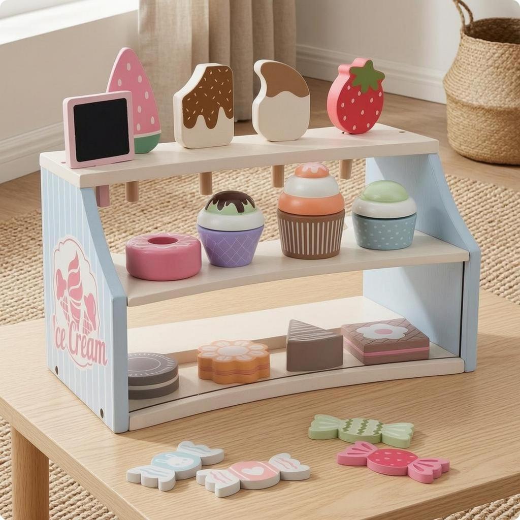Wooden Dessert Shelf ThreeTier Pretend Accessible Front Tea Party Play Set for