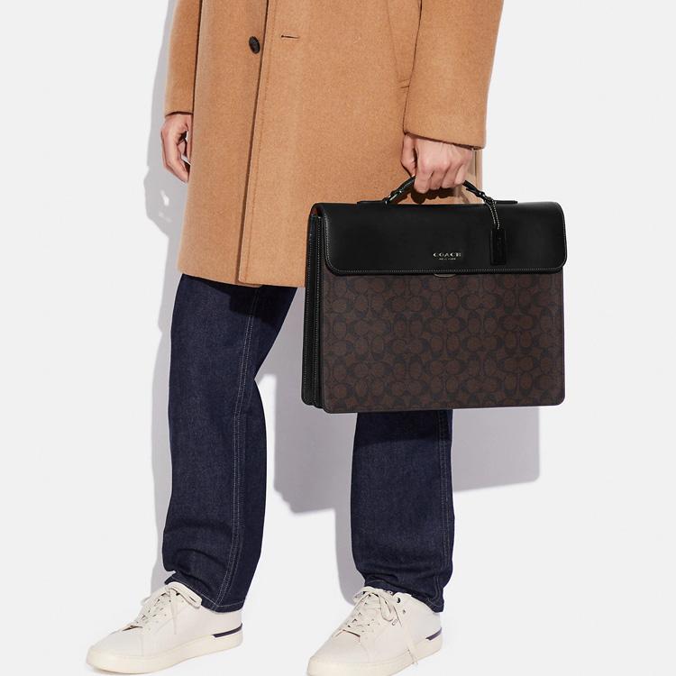 New COACH Graham Coated Canvas With Calfskin Handbag Briefcase Large Men's Black & Dark Khaki C9827-QBAE4
