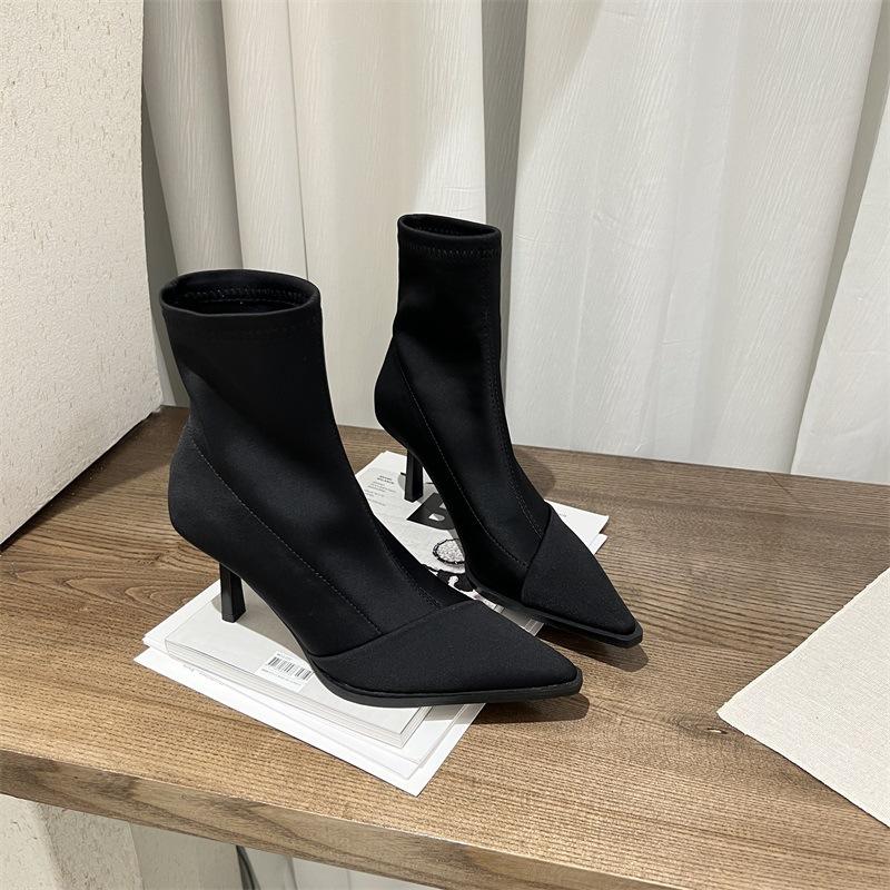 2025 autumn and winter pointed thin heel elastic boots Internet celebrity thin boots medium tube Martin boots matte high heel commuter short boots