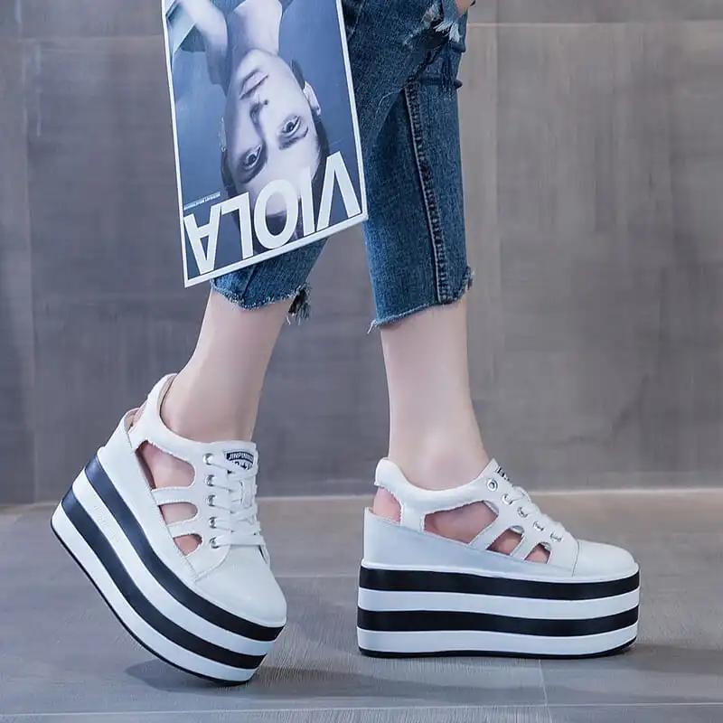 High Quality 12cm Platform Wedge Shoes Sandals for Women Sneakers Summer Shoes Hollow Cut Summer Sneakers Genuine Leather 2025