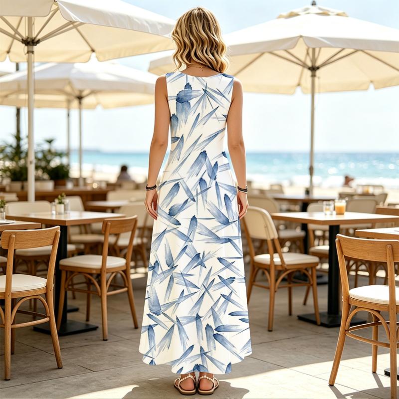 Women's Sleeveless Long Dress,Minimalist Blue White Brush Stroke,Loose Lightweight,Ideal for Beach Vacation & Daily Summer Casual Wear
