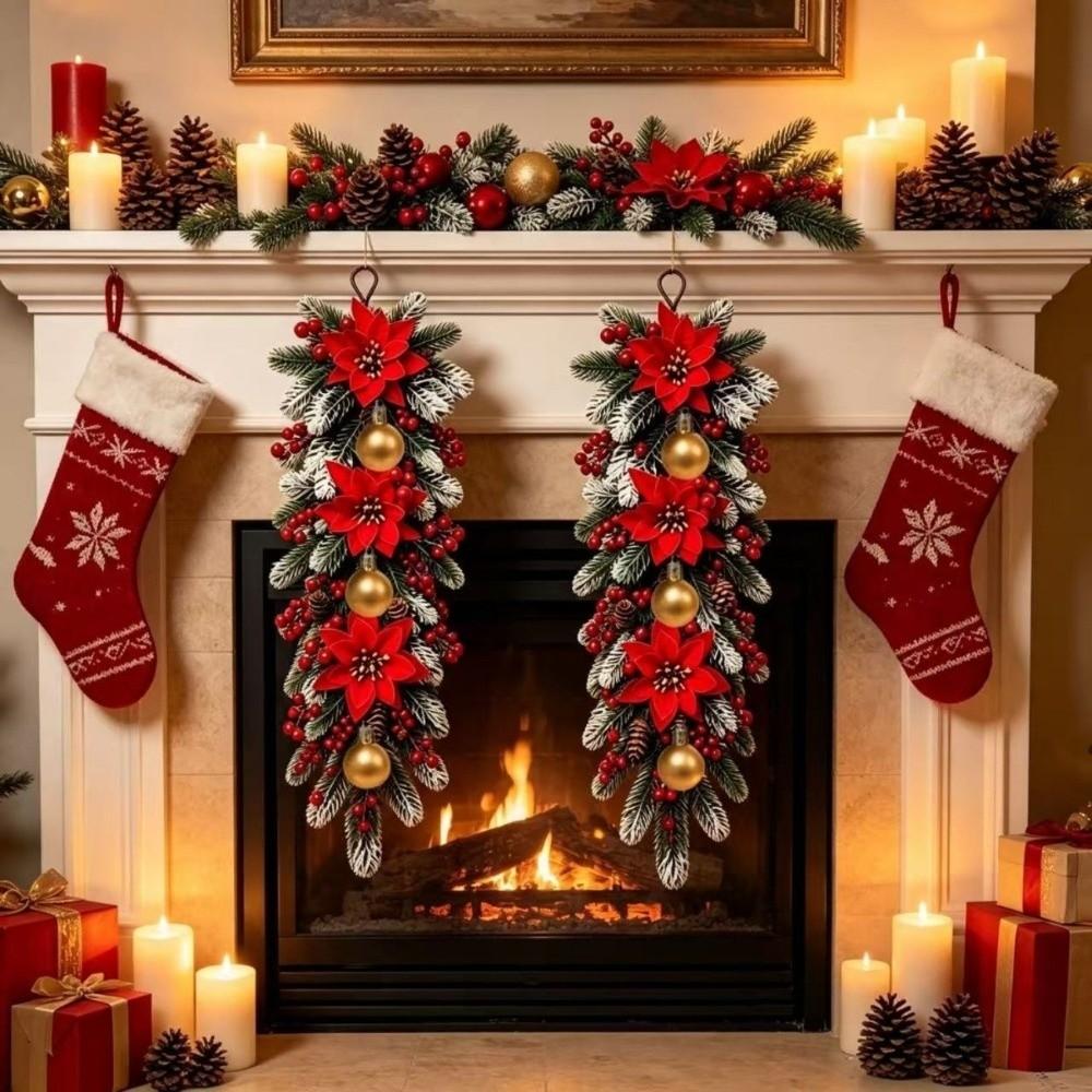 4pcs Simulated Snow Falling Artificial Pine Branch Wall Mounted Poinsettia Flower Home Party