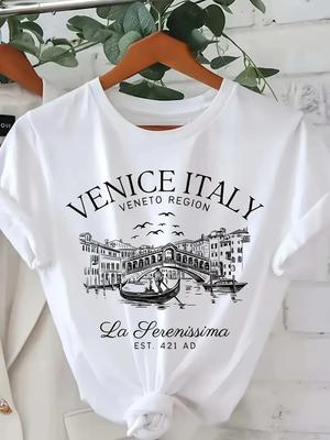 Venedig Italien Grafik T-Shirt Lässig Kurzarm Rundhals Cartoon-Druck Venedig Italien Region T-Shirts für Damen