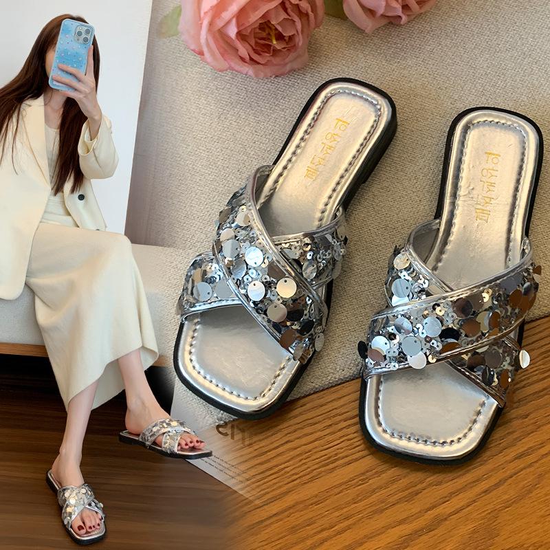 French sequined cross-strapped cool slippers 2025 summer new outer wear flat-bottomed casual high-end one-pedal slippers