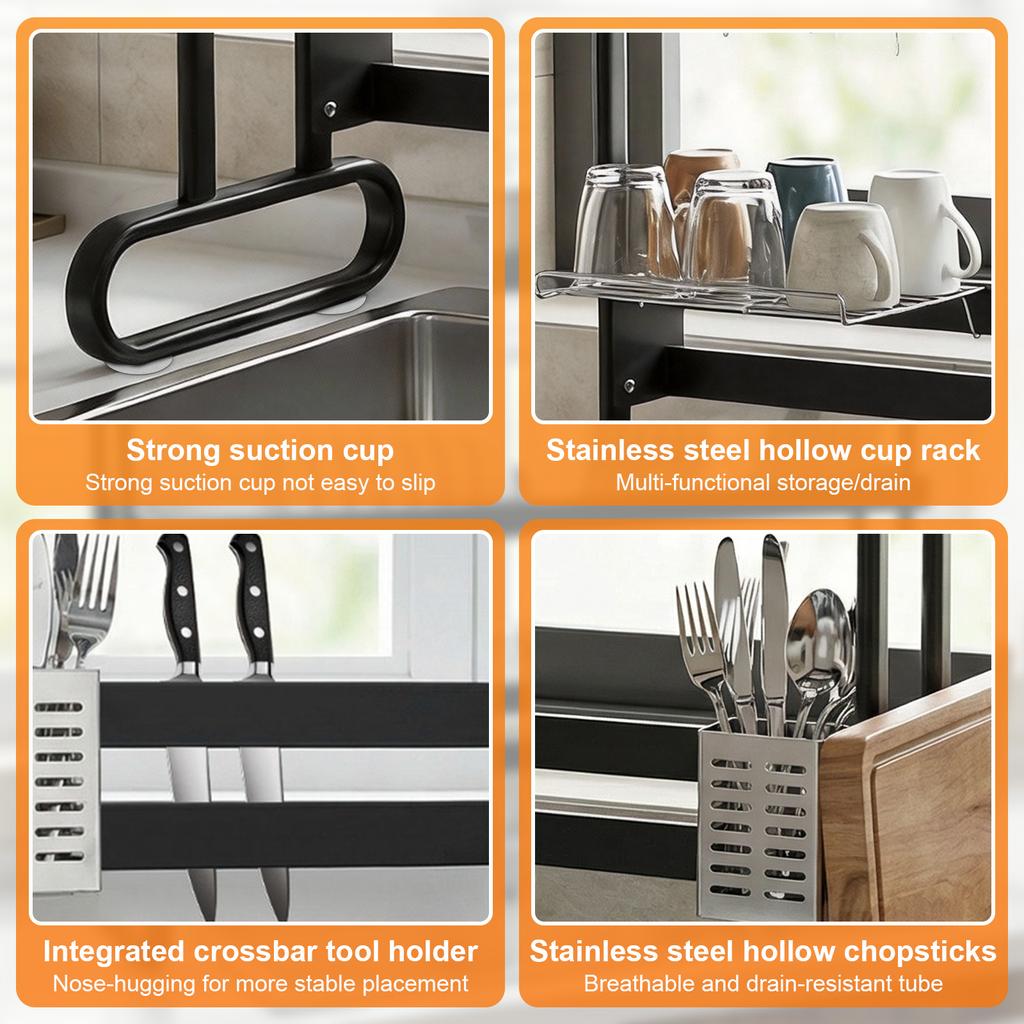2/3 Layer Dish Drainer Stainless Steel Kitchen Dish Rack with Utensil Holder Large Capacity Anti-Slip Counter Organizer Accessor