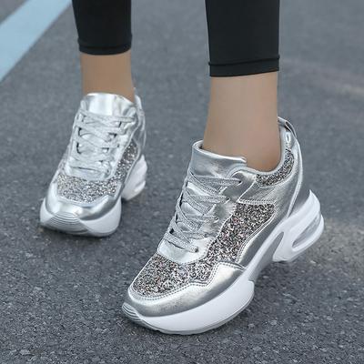 Spring New Inner Heightening Women's Shoes Mesh Breathable Pad Shock Absorption Thick Sole Fashion Casual Shoes Lightweight Sports Shoes