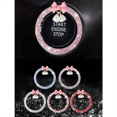1pc Car One Click Start Decoration Sticker Interior Button Inlaid with Diamond Bow Crystal Bell Pendant Ignition Ring