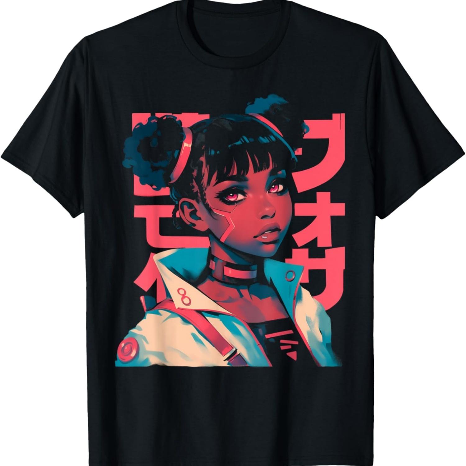Harajuku Cyberpunk Black Girl Anime Manga Waifu Japanese T-Shirt(6) S