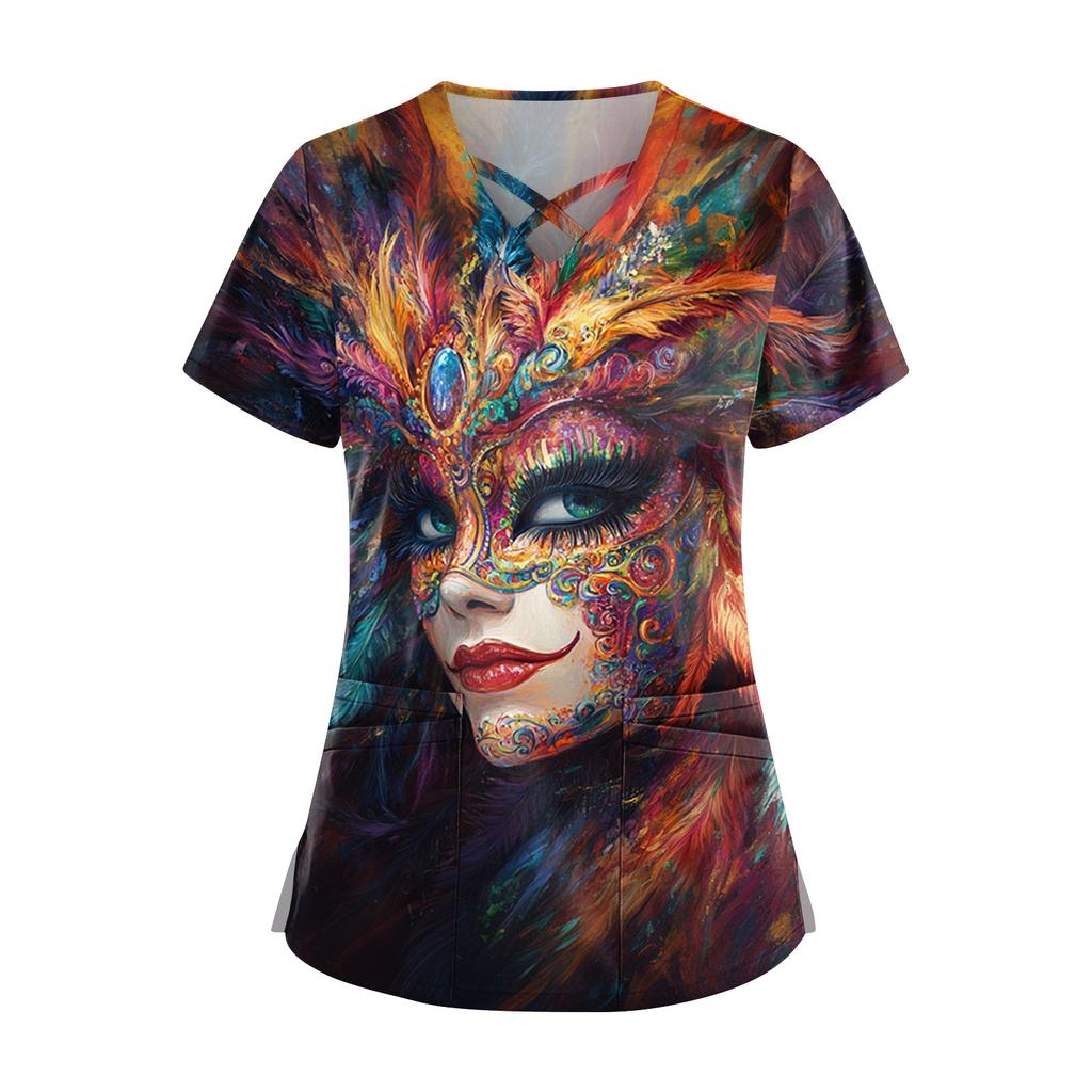 Women's Short Sleeve Stagger V Neck Print Pocket Dry- Top