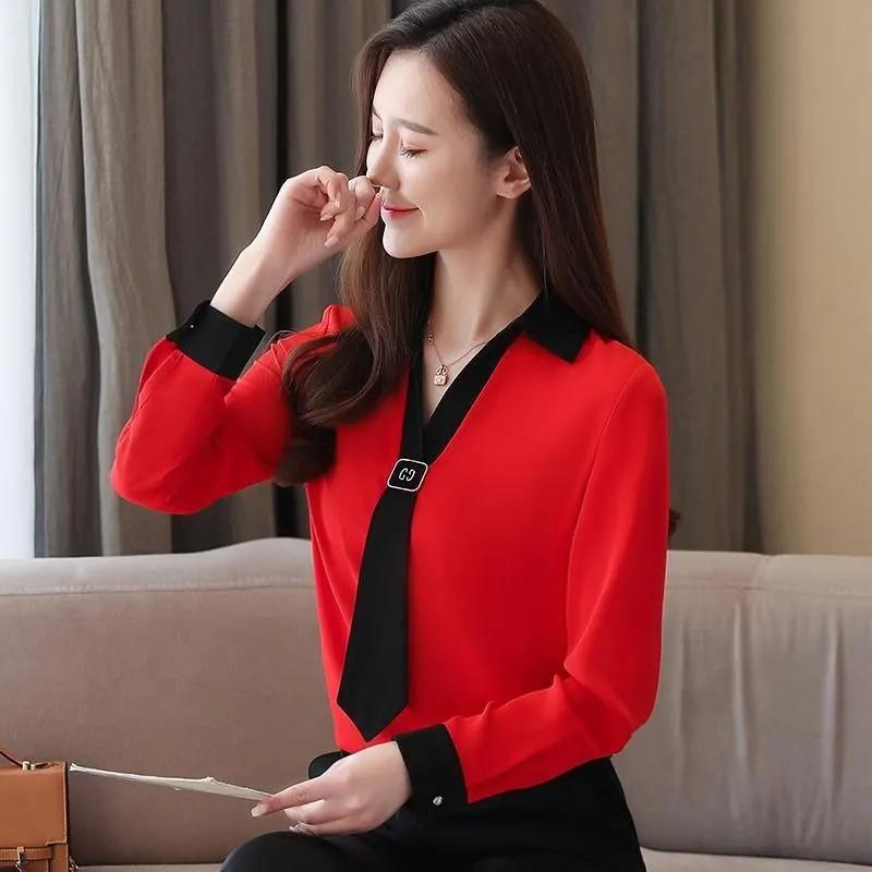 

Весняно-осіння шифонова сорочка жіноча з довгим рукавом корейська версія вільної однотонної шифонової сорочки сорочка в західному стилі XXXL червоний