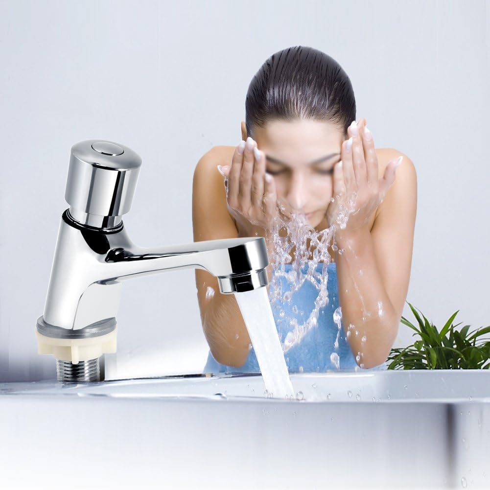 Bathroom Sink Taps, Public Kitchen Bathroom Chrome Plated Self Closing Water Saving Time Delay Basin Sink Tap Faucet.