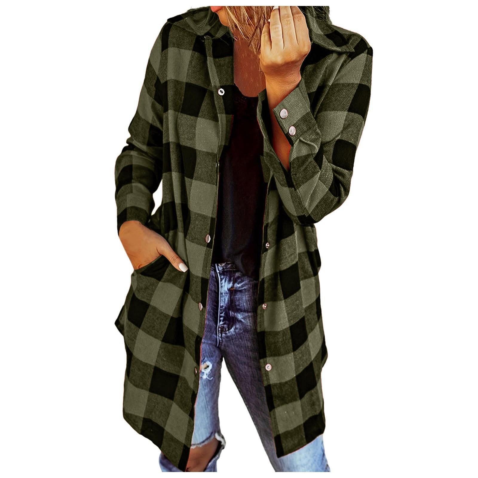 

Модные женские повседневные карманы с решетчатым принтом и длинными рукавами, куртка, пальто L армия зеленый