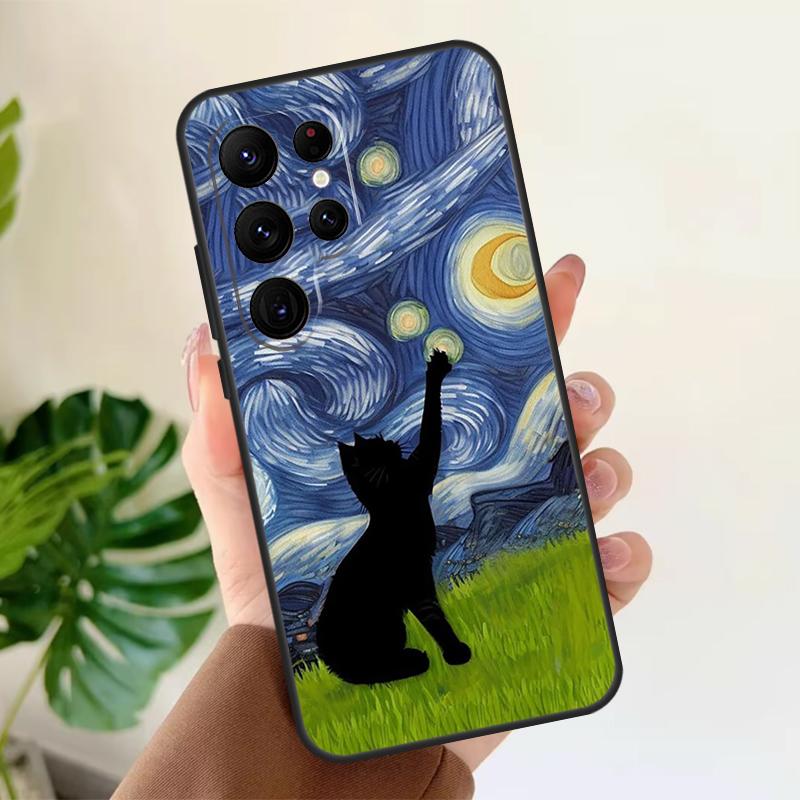 Cat Van Gogh's The Starry Night Soft Case For Samsung Galaxy S25 S21 S22 S23 S24 Ultra S9 S10 Plus S20 FE S24 FE Phone Cover