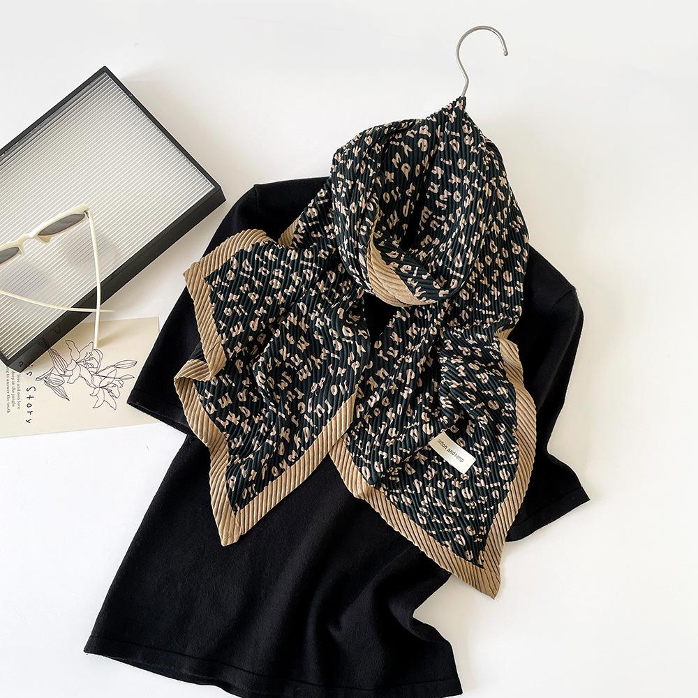 Striped fashionable and elegant imitation cotton and linen scarf women's high-end pleated printed scarf retro simple polyester small scarf