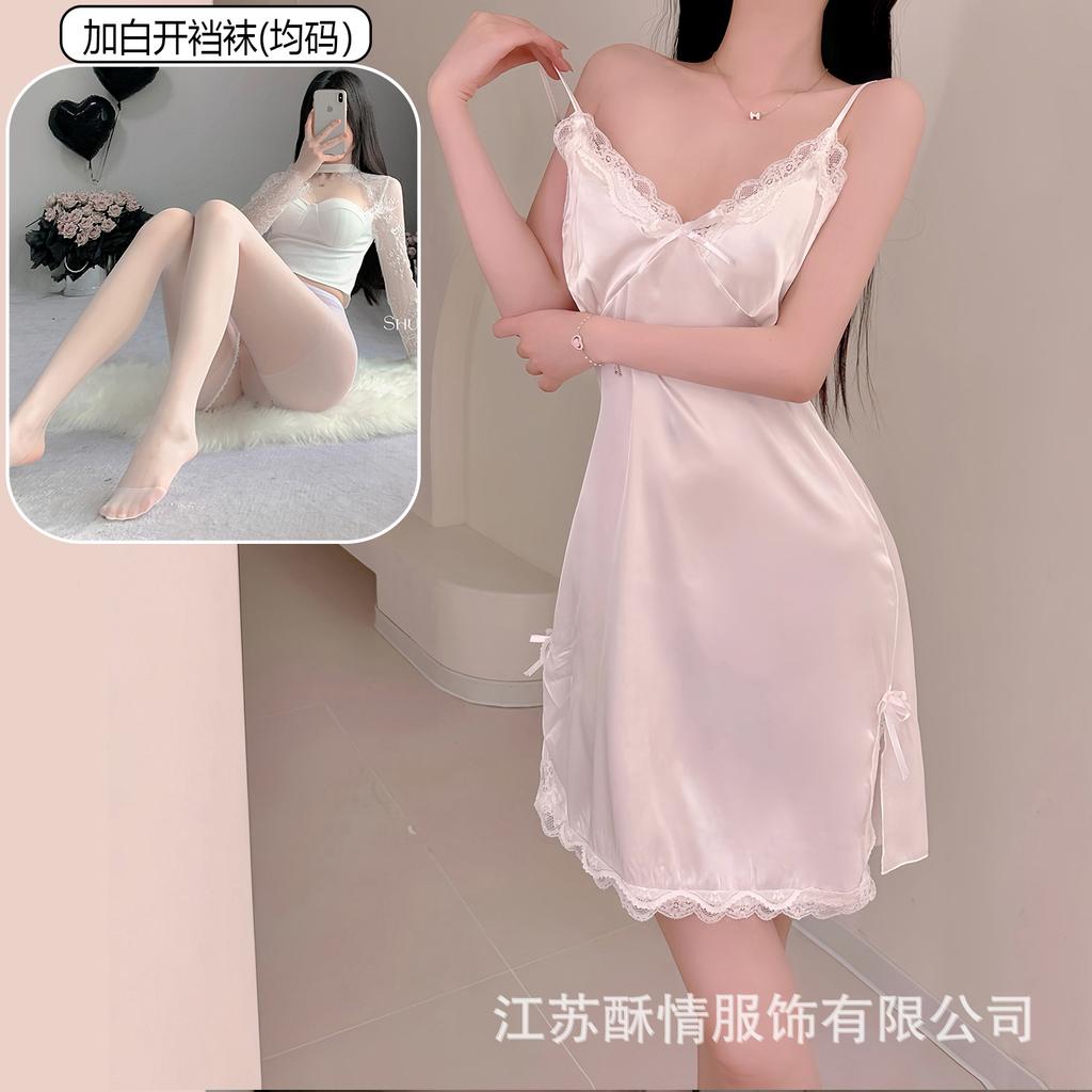 Sexy pure desire style new lace suspender nightdress women's satin thin sexy deep V split set