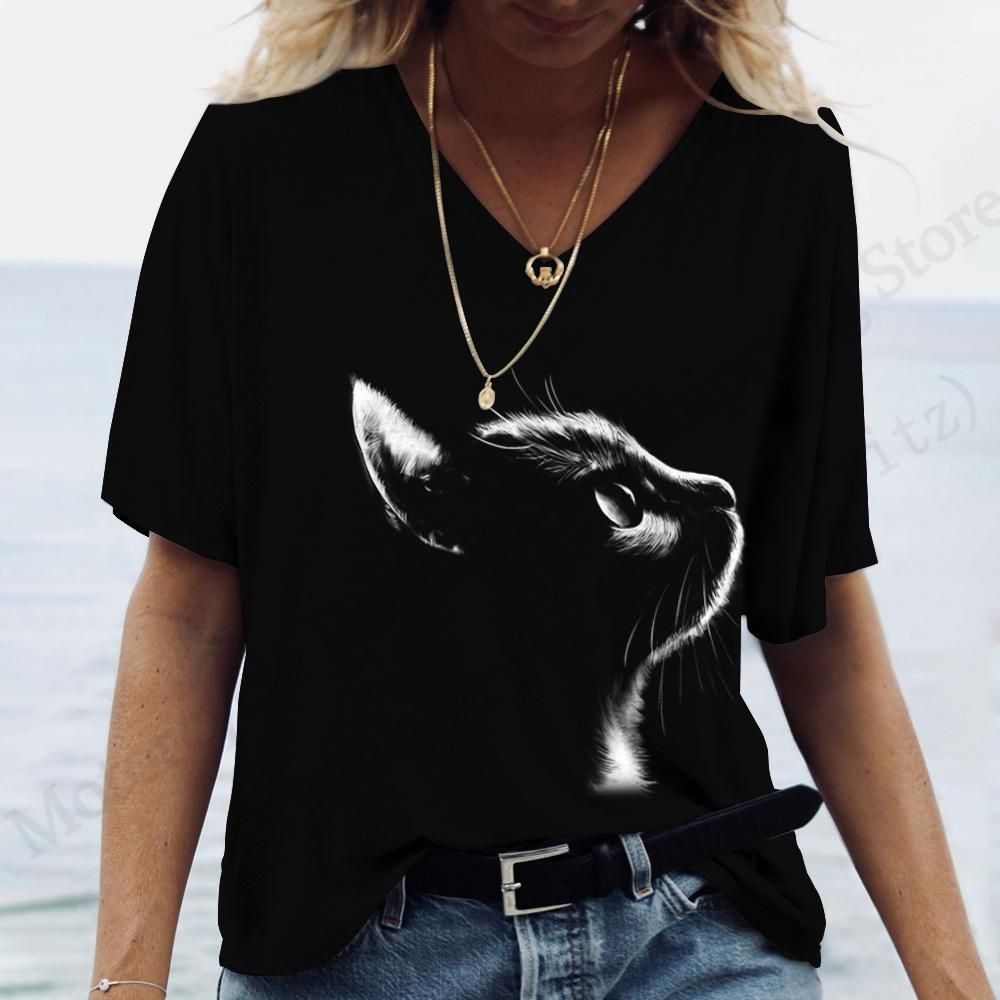 Summer V-neck 3D Cat Pattern Printed Top Fashionable Casual Short Sleeved Women's T-shirts